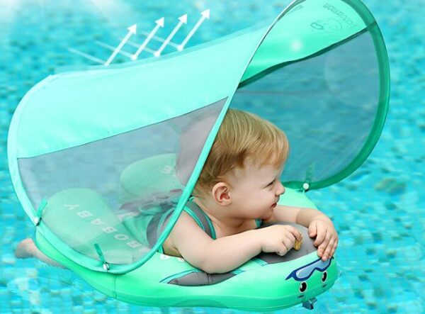 Baby Float with Canopy Non Inflatable Mambobaby Float Pool Floats, Sun Protection Baby Swimming Float Add Tail Avoid Flip Over Swim Trainer for Infants - Image 2